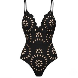 NWOT Black Laser Cutting Flower Hollow One Piece Swimsuit Sz Medium